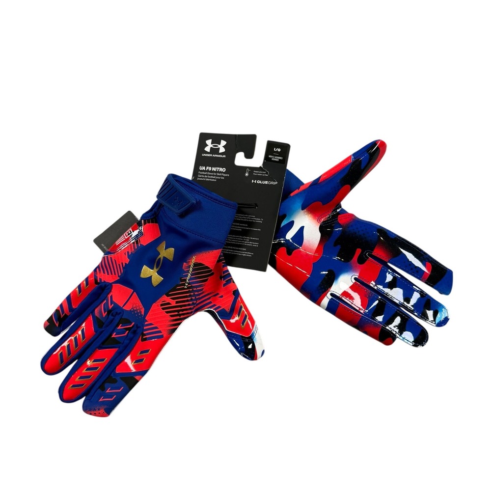 Under Armour Mens L UA F9 Nitro Football Gloves Blue Red Glue Grip Limited Edit